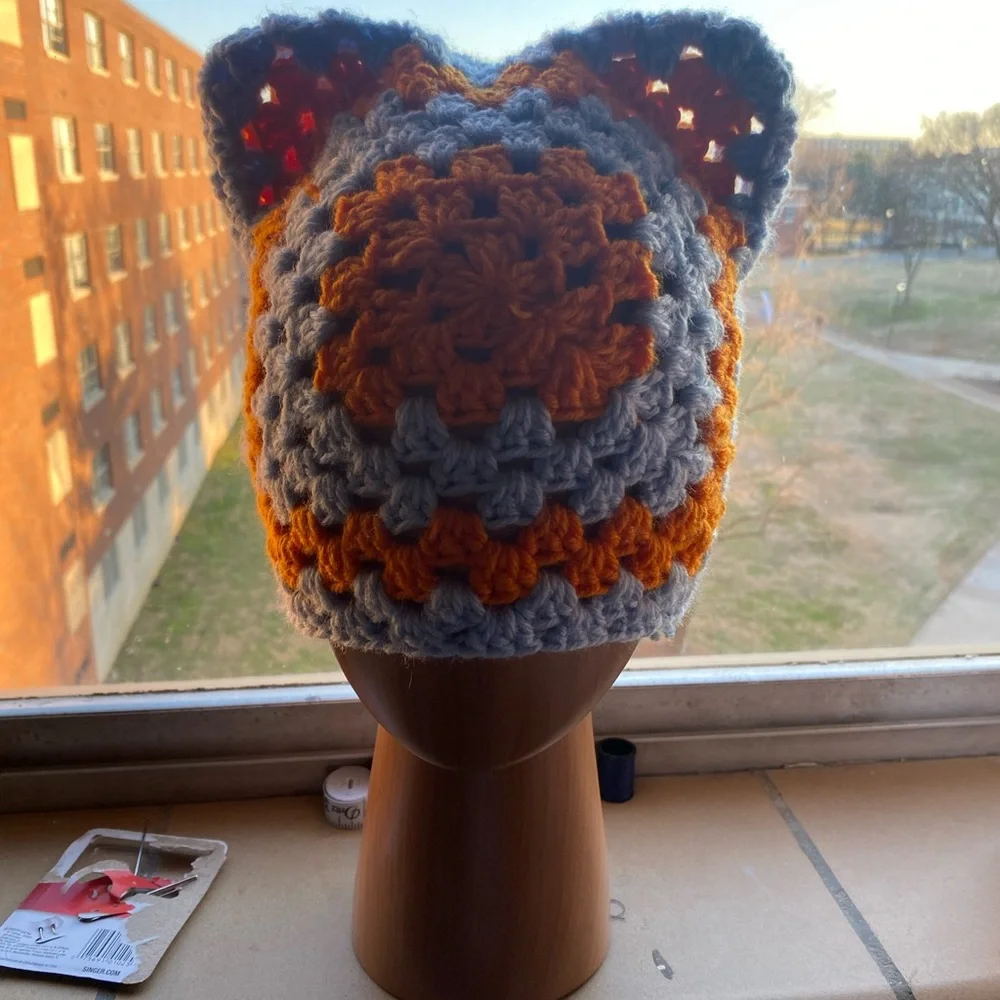 Hand Crafted Orange and Gray Cat-Ear Beanie